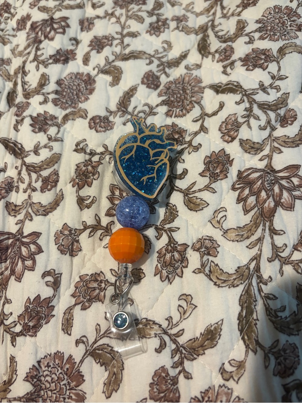Blue and Orange Heart Badge Reel with Beaded Accent
